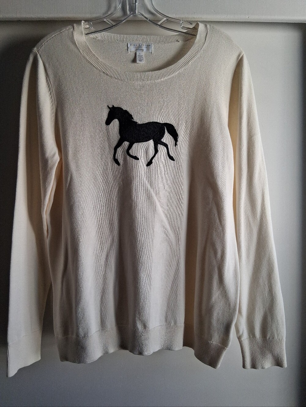 Pima Cotton Pullover Sweater With Black Embroidered Horse Large